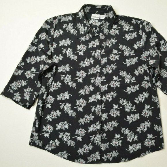 VTG Modern Essentials Sz L Womens BLACK White FLORAL 3/4 Sleeve Button Up BLOUSE - Picture 2 of 9